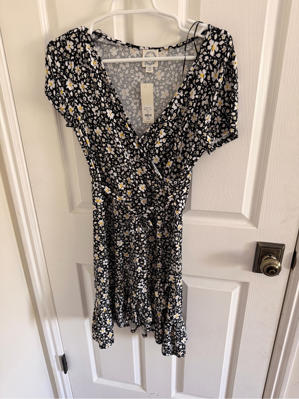 Francesca's Collections Black Floral Wrap Mini Dress with Yellow Accents